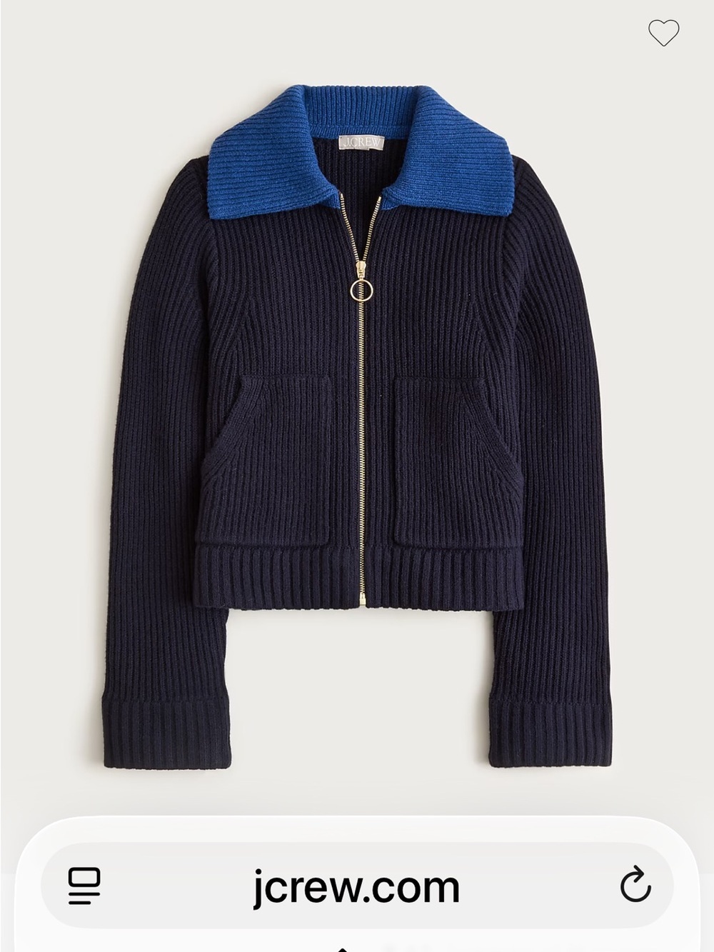 J. Crew Navy Zip-Front Ribbed Sweater with Blue Collar